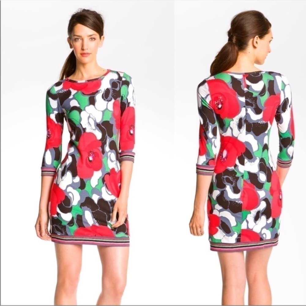 Trina Turk Poppy Floral Preppy Floral Jersey Dress 3/4 sleeve Size 4 Red